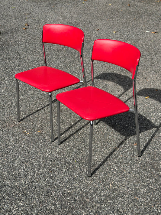 Pair of Stendig Inc. Chrome & Red Stacking Chairs