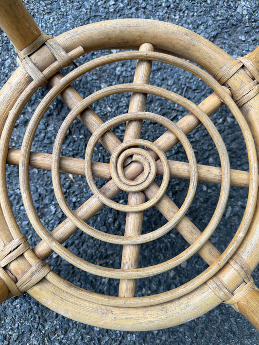 Rattan & Glass Round Side Table w/ Spiral Shelf