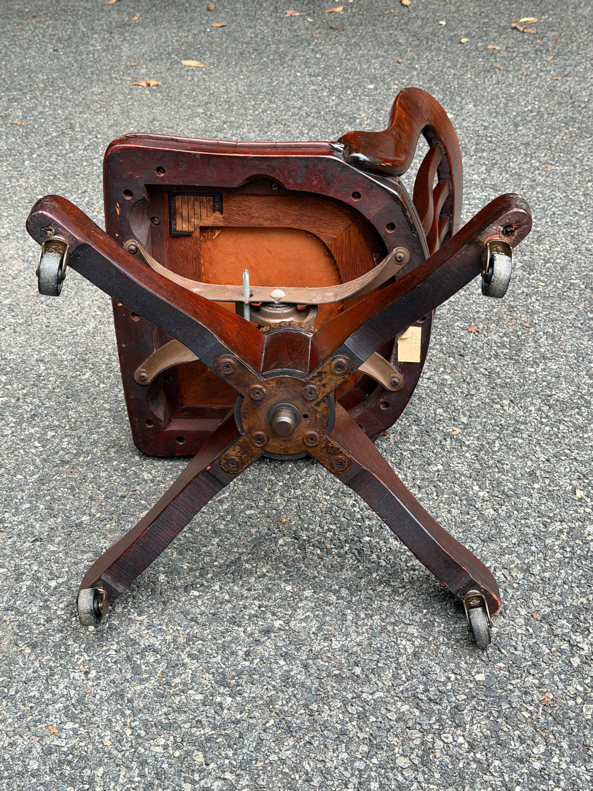 1940s Sikes Solid Wood Swivel Desk Chair w/ Embossed Leather Seat