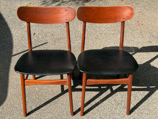 Pair of MCM Danish Teak Dining Chairs w/ Black Vinyl Seat