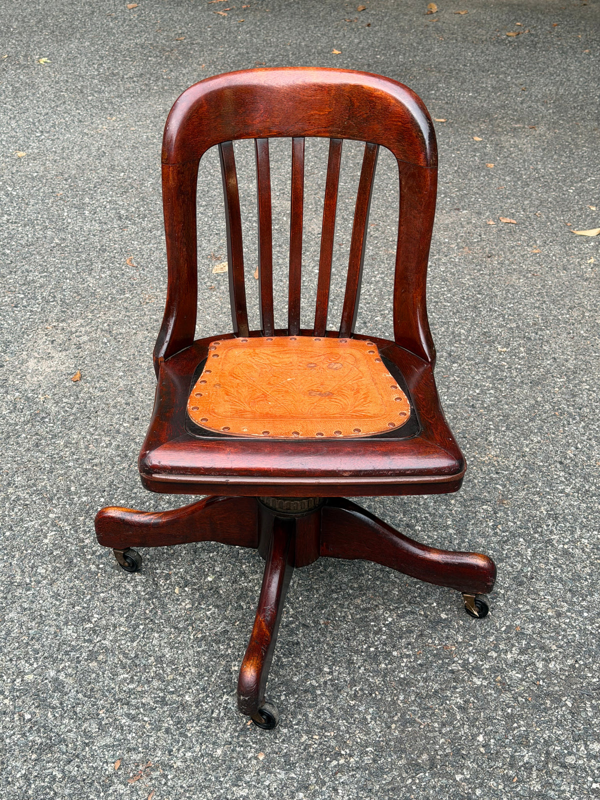 1940s Sikes Solid Wood Swivel Desk Chair w/ Embossed Leather Seat