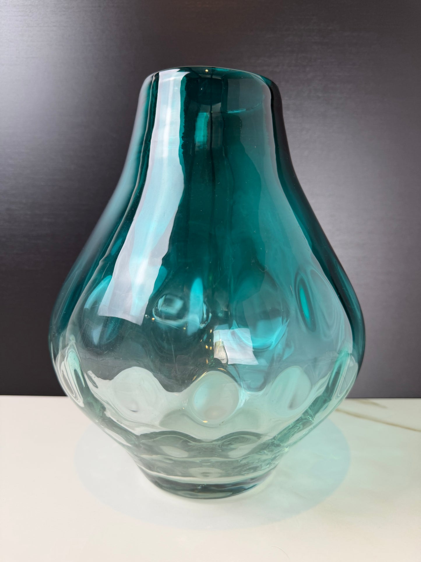 Teal Optic Ribbed "Hand" Blown Art Glass Vase