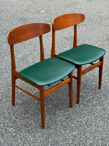 Pair of Sax Danish Modern Teak Dining Chairs Reupholstered in Green