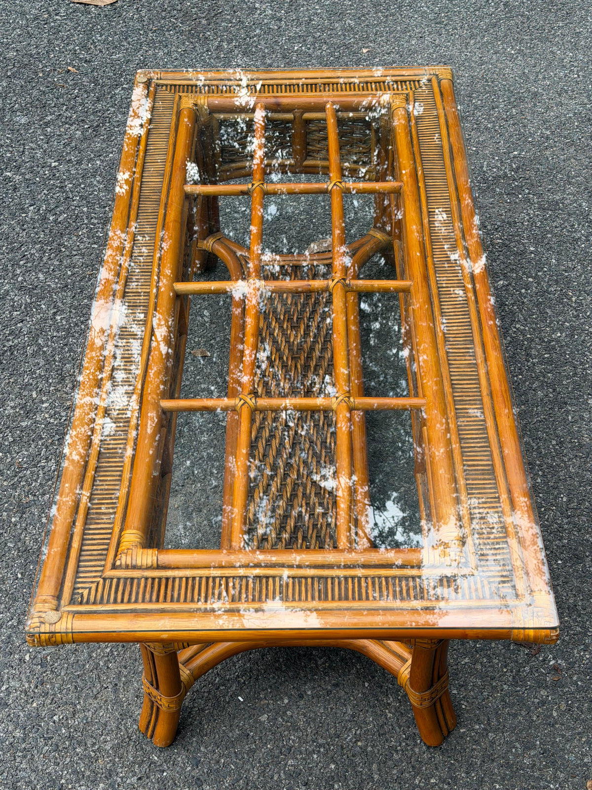 Rattan and Glass Rectangular Coffee Table w/ Woven Shelf