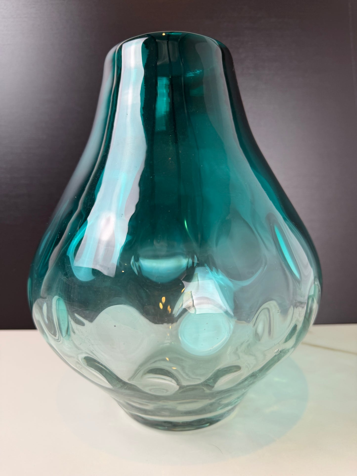 Teal Optic Ribbed "Hand" Blown Art Glass Vase