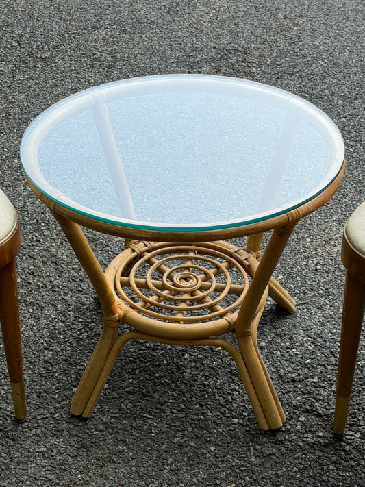 Rattan & Glass Round Side Table w/ Spiral Shelf