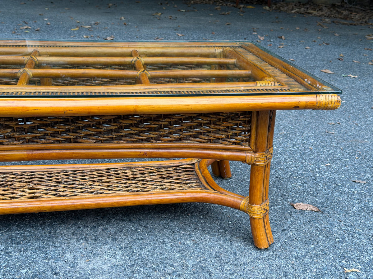 Rattan and Glass Rectangular Coffee Table w/ Woven Shelf