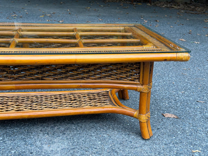 Rattan and Glass Rectangular Coffee Table w/ Woven Shelf