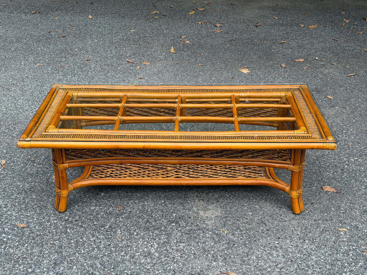 Rattan and Glass Rectangular Coffee Table w/ Woven Shelf