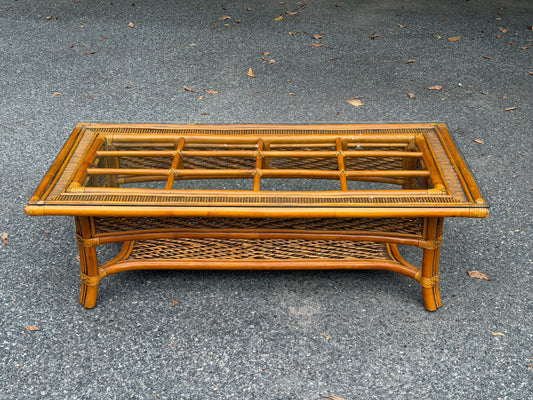 Rattan and Glass Rectangular Coffee Table w/ Woven Shelf