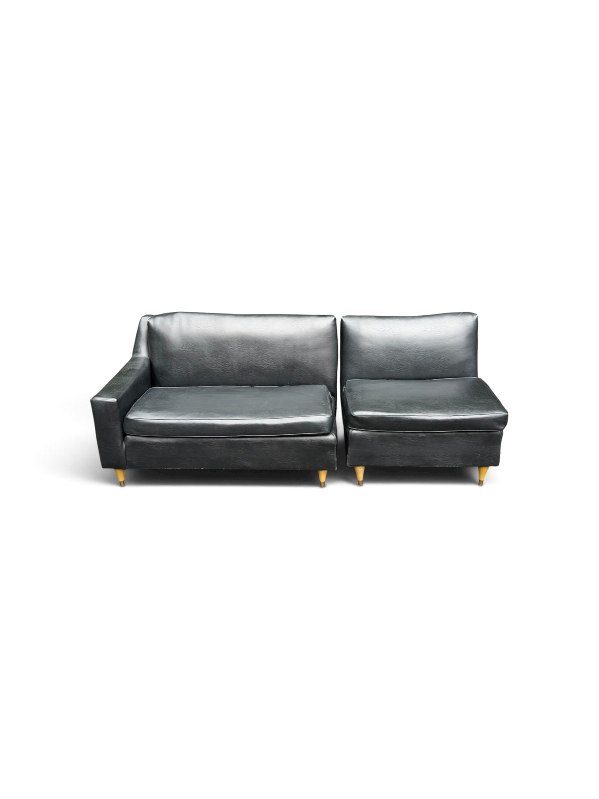1960s MCM Black Vinyl 2-Piece Modular Sofa