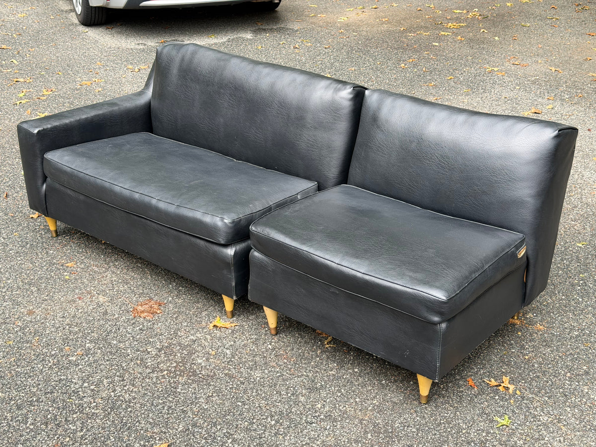 1960s MCM Black Vinyl 2-Piece Modular Sofa