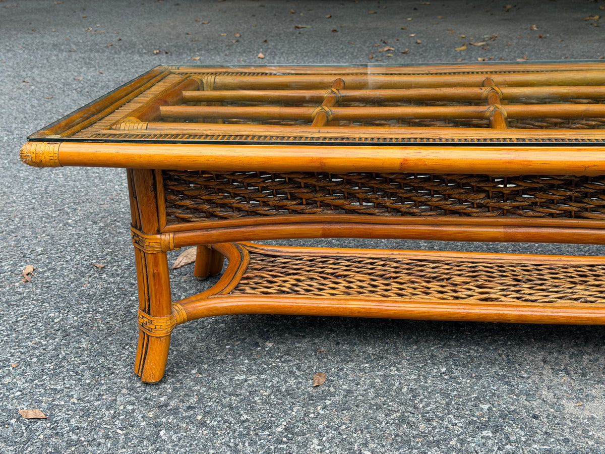 Rattan and Glass Rectangular Coffee Table w/ Woven Shelf