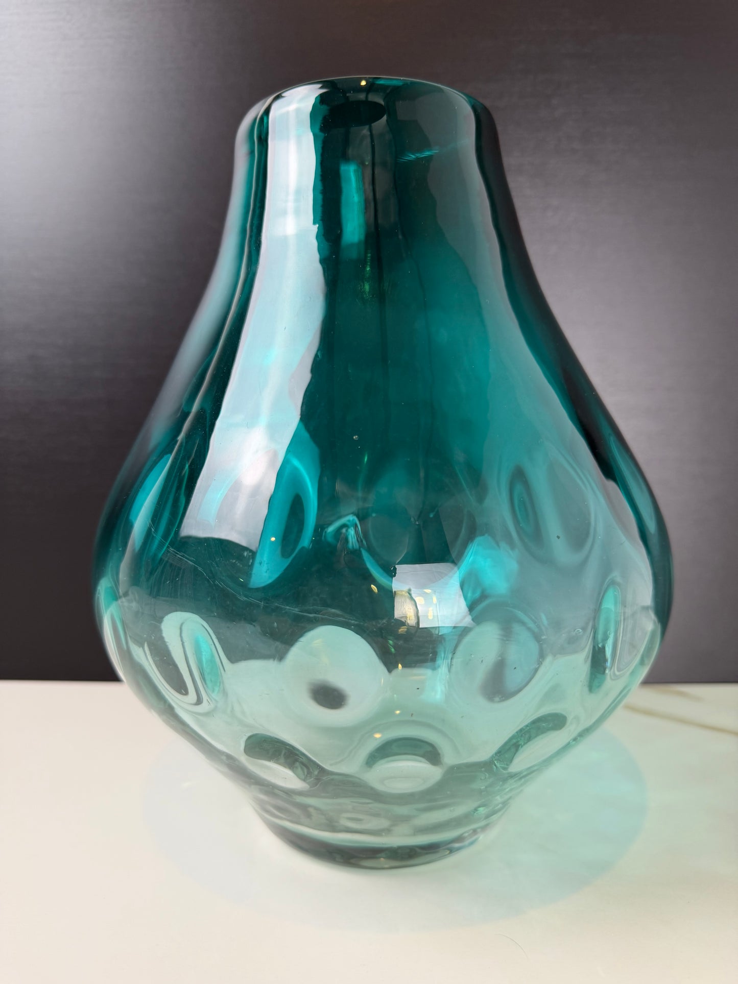 Teal Optic Ribbed "Hand" Blown Art Glass Vase