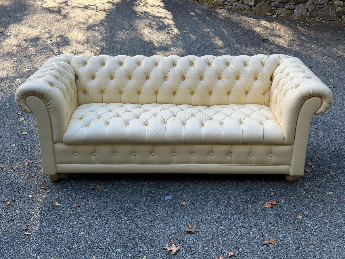 Cream Tufted Vinyl Chesterfield Sofa