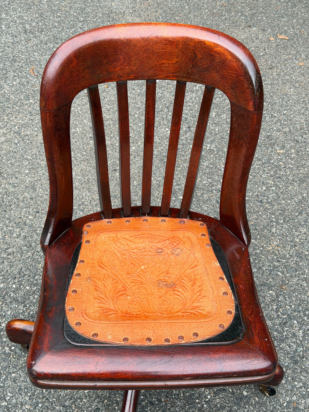 1940s Sikes Solid Wood Swivel Desk Chair w/ Embossed Leather Seat