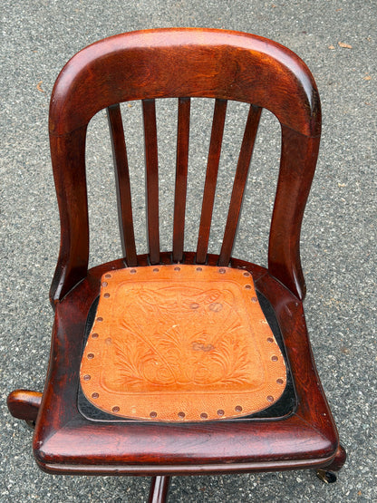 1940s Sikes Solid Wood Swivel Desk Chair w/ Embossed Leather Seat