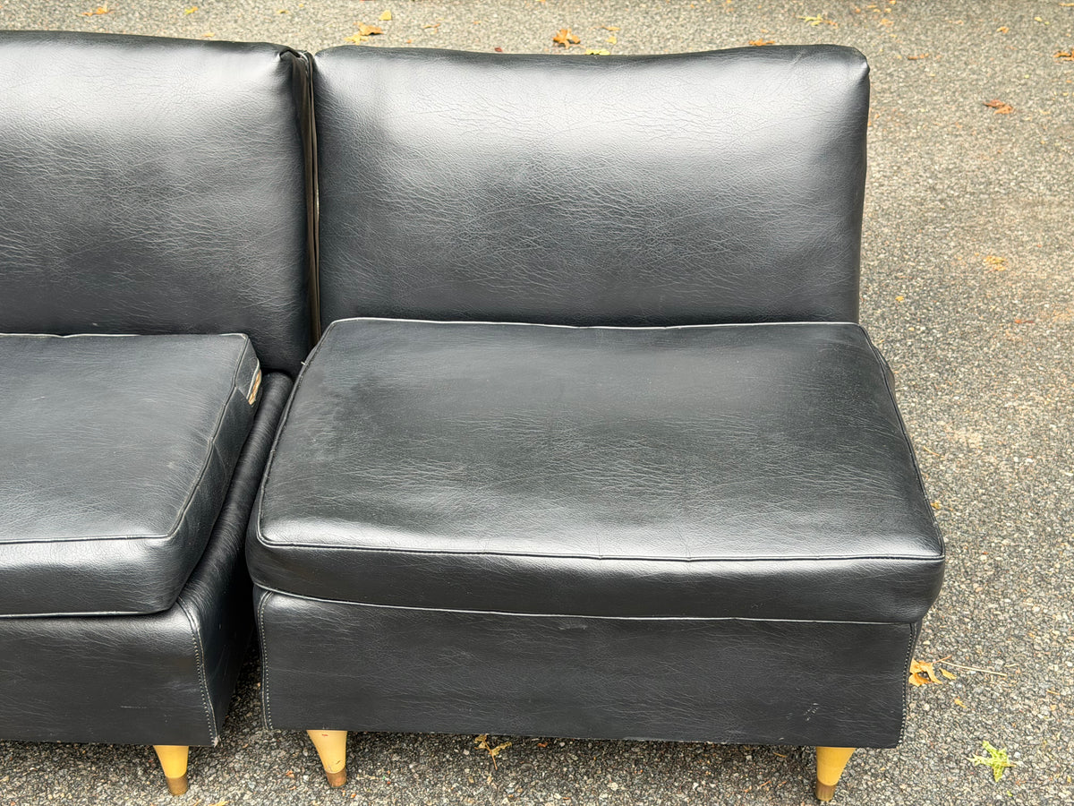 1960s MCM Black Vinyl 2-Piece Modular Sofa