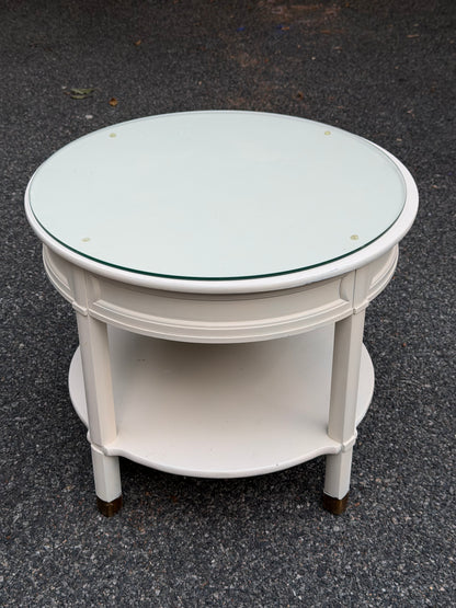 Neoclassical Round Two-Tier Side Table with Glass Top & Brass Sabots