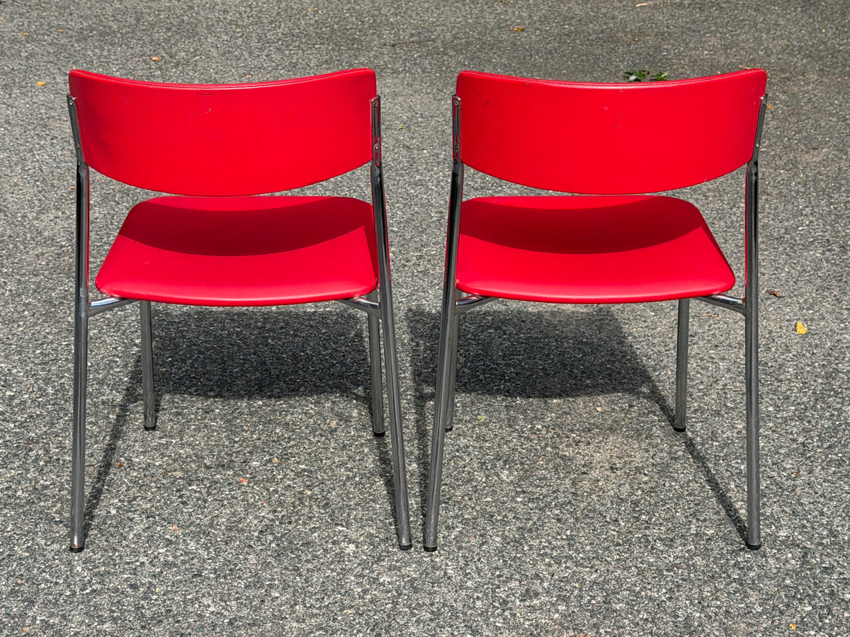 Pair of Stendig Inc. Chrome & Red Stacking Chairs