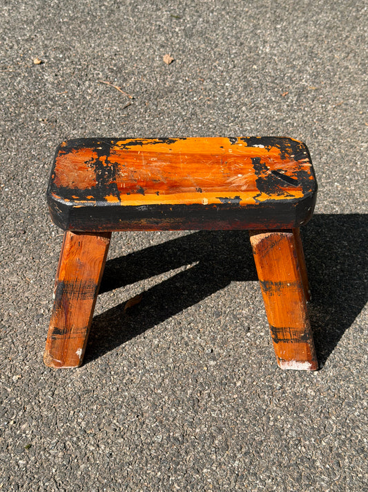 Primitive Farmhouse Wood Milking Stool w/ Distressed Black Finish