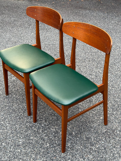 Pair of Sax Danish Modern Teak Dining Chairs Reupholstered in Green