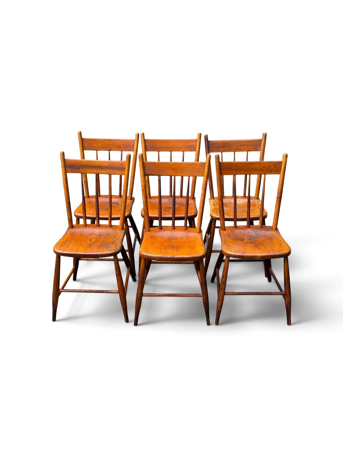 Set of 6 Antique 19th-Century Primitive Plank-Seat Windsor Dining Chairs