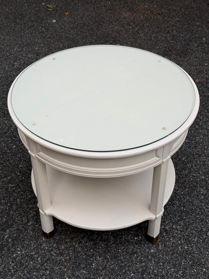 Neoclassical Round Two-Tier Side Table with Glass Top & Brass Sabots