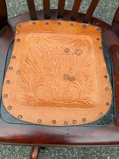 1940s Sikes Solid Wood Swivel Desk Chair w/ Embossed Leather Seat