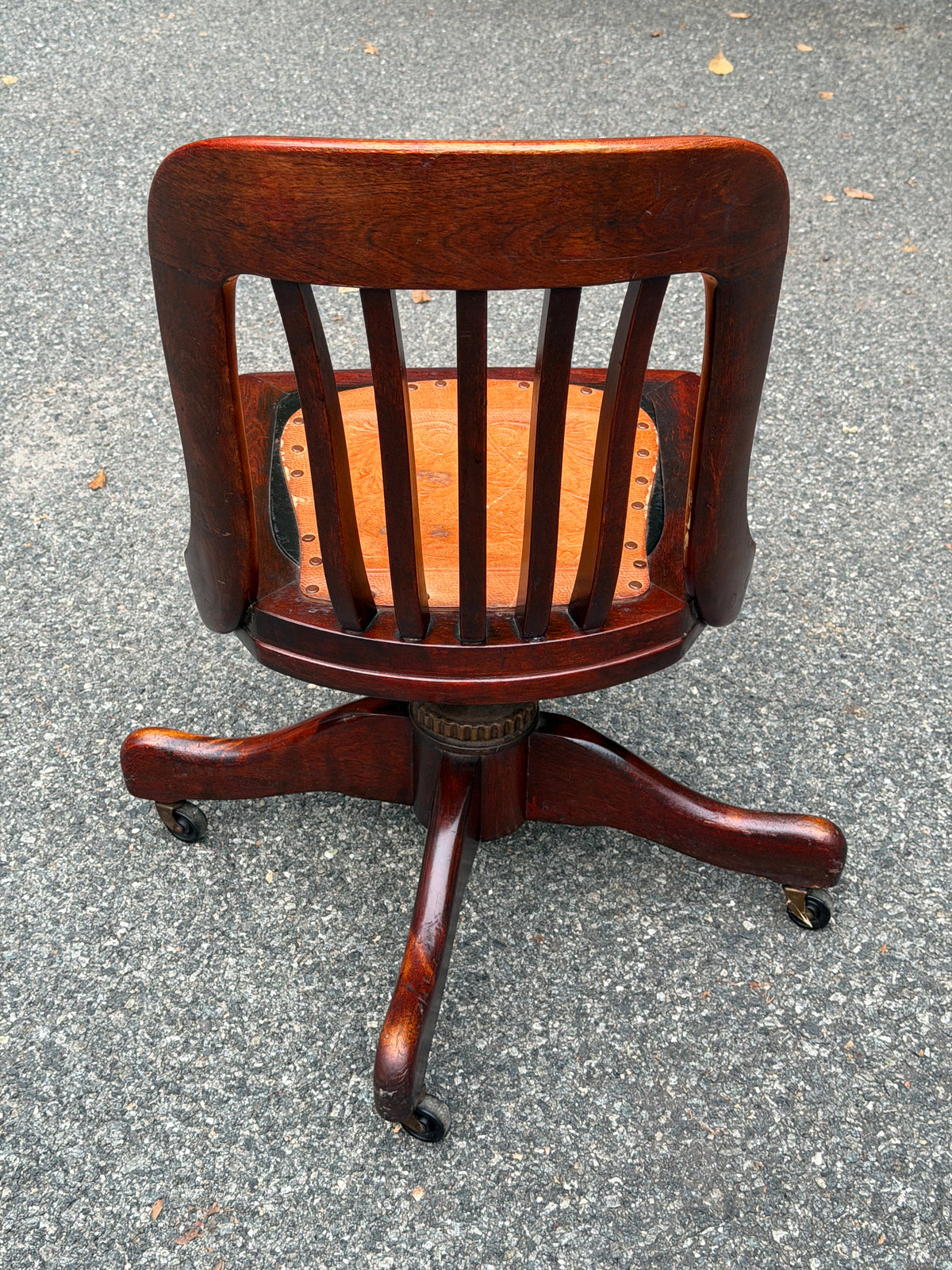 1940s Sikes Solid Wood Swivel Desk Chair w/ Embossed Leather Seat