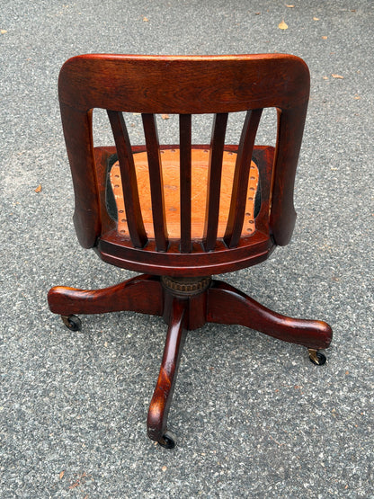 1940s Sikes Solid Wood Swivel Desk Chair w/ Embossed Leather Seat