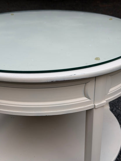 Neoclassical Round Two-Tier Side Table with Glass Top & Brass Sabots