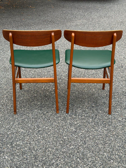 Pair of Sax Danish Modern Teak Dining Chairs Reupholstered in Green
