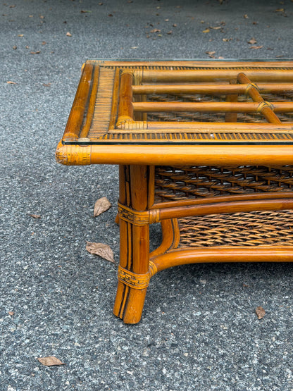 Rattan and Glass Rectangular Coffee Table w/ Woven Shelf