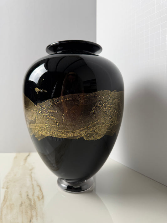 The Black Art Glass Vase with Gold Foliate