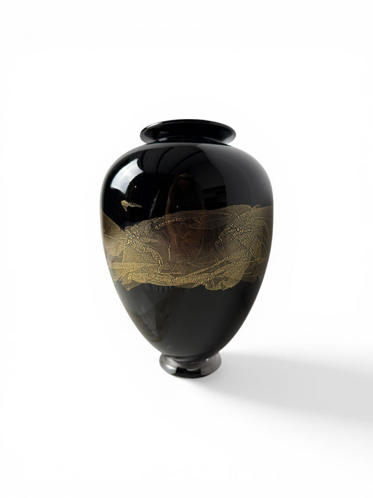 The Black Art Glass Vase with Gold Foliate